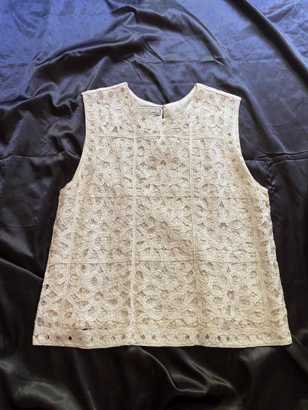 Vintage 1990s White Battenberg Lace Tank Blouse Silk Boho Chic Large